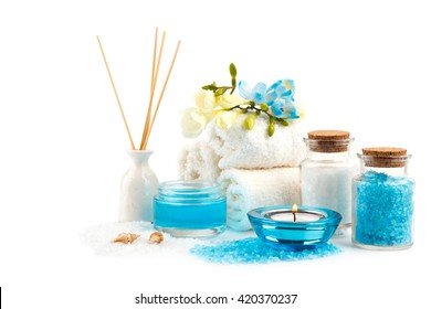 Spa Setting , Aromatherapy And Health Care Items Isolated On White.