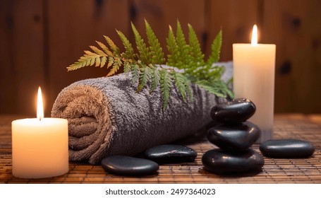 A spa setting featuring a gray towel rolled up beside lit candles and smooth stones. Fern leaves and a small bowl of black pebbles add to the serene atmosphere, set against a warm wooden background. - Powered by Shutterstock