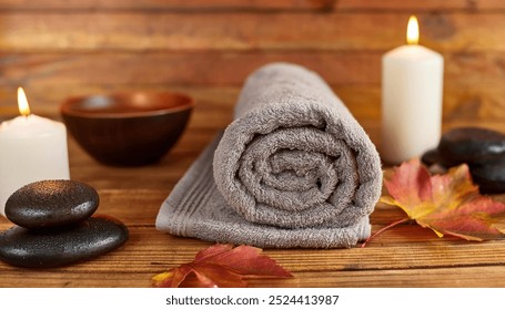 A spa setting featuring a gray towel rolled up beside lit candles and smooth stones. Autumn leaves and a small bowl of black pebbles add to the serene atmosphere, set against a warm wooden background. - Powered by Shutterstock