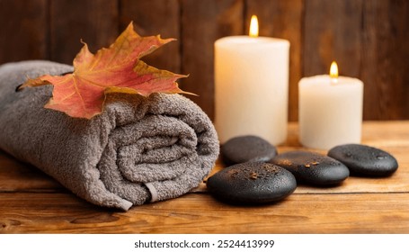 A spa setting featuring a gray towel rolled up beside lit candles and smooth stones. Autumn leaves and a small bowl of black pebbles add to the serene atmosphere, set against a warm wooden background. - Powered by Shutterstock