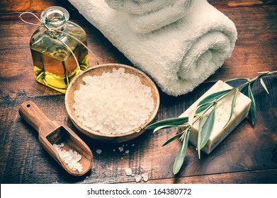 Spa setting with natural olive soap and sea salt  - Powered by Shutterstock