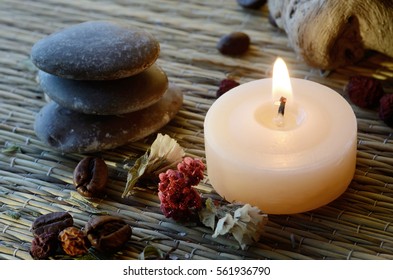 Spa Still Life - Massage Stones,candle, And Body Scrub Components (coffee Beans,salt,dried Hawthorn Berries And Lavender Leaves )