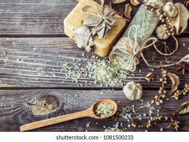 Spa still life on a wooden background, the concept of body care and spa treatments - Shutterstock ID 1081500233