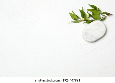 Spa stone and branch of plant on white table, flat lay. Space for text