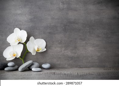 Spa stones and white orchid on the grey background. - Powered by Shutterstock