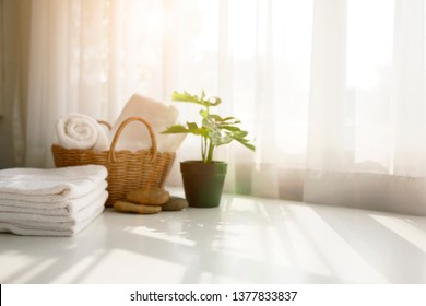 spa towels on white surface - Shutterstock ID 1377833837