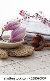 Spa Treatment Accessories With Spring Flowers For Rejuvenation