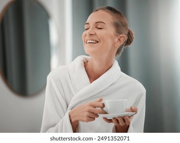 Spa treatment, mature woman and calm with luxury in massage room, coffee and service. Female person, gown and skincare at health resort for tea, rejuvenation and therapy for peace and destress - Powered by Shutterstock