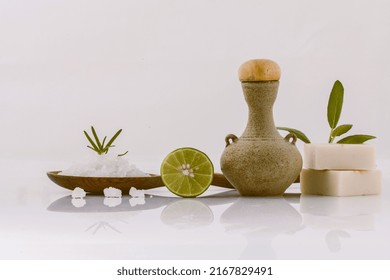 Spa Treatment Sea Salt And Herbs Natural Spa Ingredients For Scrub And Skin Care Isolate On White Background.