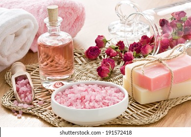 SPA treatment set with sea salt, rose aroma oil and soap bar  - Powered by Shutterstock