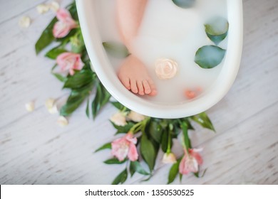 Spa Treatments. Healthy Lifestyle. Little Baby Foot In The Dairy Bath. Health And Beauty.