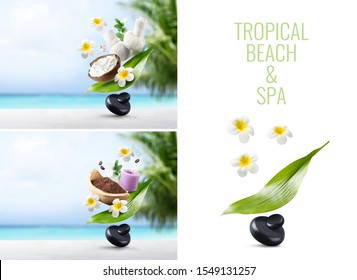 Spa Tropical Beach Set Concept. Dead Sea Mud, Stones, Bath Salt, Coffee Body Scrub, Coconut Milk Cream And Green Leaf Fall Or Fly