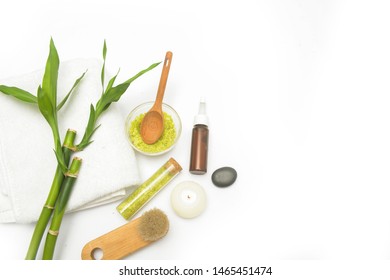 Spa wellness with aromatherapy theme . with bamboo leaf, candle, salt in bowl,brush,stones - Shutterstock ID 1465451474