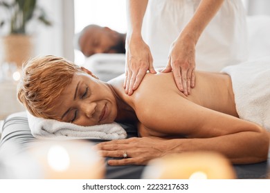 Spa, wellness and black woman at couple massage for romantic date, holiday and vacation. Relax, health and mature man and woman at luxury beauty salon for body care, stress relief and treatment - Powered by Shutterstock