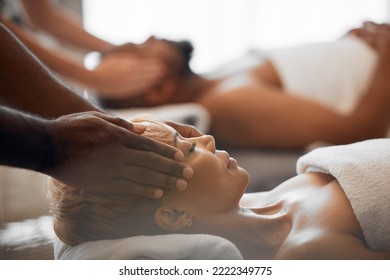 Spa, wellness massage and relax couple at luxury beauty salon for body healthcare, facial treatment or stress relief. Zen peace, calm mindset or chakra energy healing for black woman, man or customer