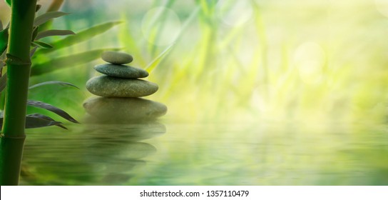 Spa and wellness. Natural massage stones  with bamboo0. Spa  oriental background