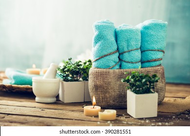 Spa And Wellness Setting With Flowers And Towels. Dayspa Nature Products