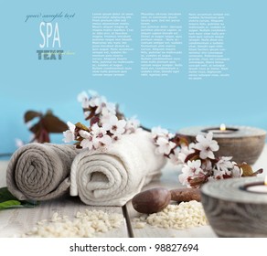 Spa and wellness setting with natural soap, candles and towel. Beige dayspa nature set with copyspace - Powered by Shutterstock