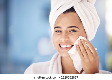 Spa, wipe and black woman smile, cosmetics and skincare for wellness, confident and body care. Portrait, young female and healthy girl remove makeup with cotton cloth, organic facial and smooth skin. - Shutterstock ID 2229332887