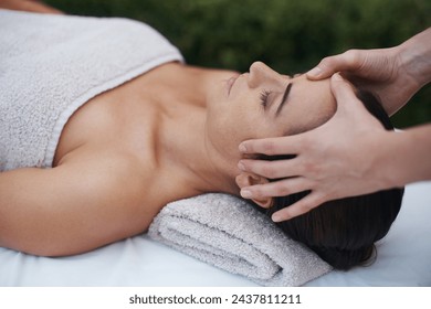 Spa, woman and hands with massage for wellness at resort, luxury hotel and vacation for relax and therapeutic pamper. People, masseuse and body care with facial treatment, hospitality and zen outdoor - Powered by Shutterstock