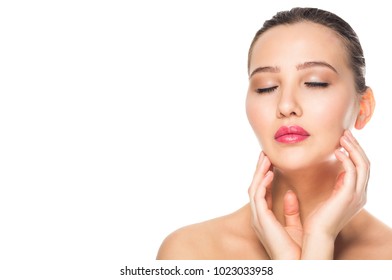 Spa woman on white isolate background. Beautiful girl touching her face. Perfect skin, care. Copy space - Shutterstock ID 1023033958