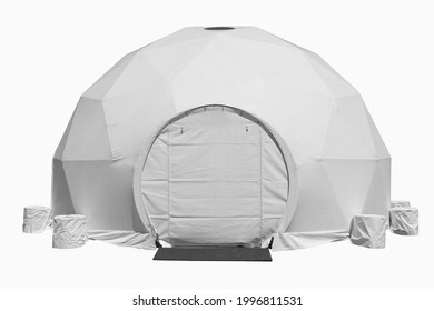 Space Base Spherical Tent, White Round Plastic Round Shaped Building On White Background
