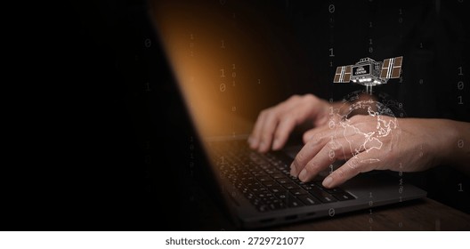 Space based data center concept. Man using laptop with orbital satellite orbiting around the globe. Information storage technology, AI computing infrastructure, global connectivity and communication.