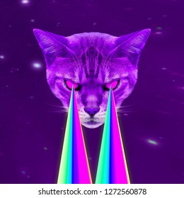 Space Cat With Lasers From Eyes. Minimal Collage Fashion Concept