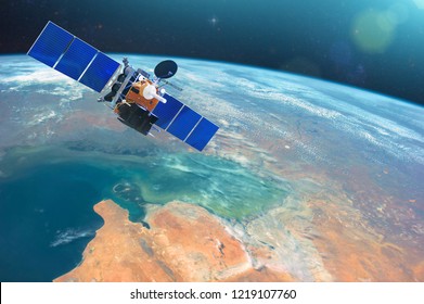 Space Communications Satellite In Low Orbit Around The Earth. Elements Of This Image Furnished By NASA