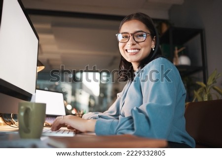 Space, computer and portrait of woman in office at night, working and research idea with mockup screen. Mock up, happy and businesswoman search online for creative design, inspiration and ppt review