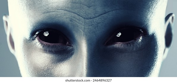 Space, creature and face of alien from galaxy, universe or secret conspiracy of sci fi character. Fantasy, cosplay and portrait of cosmic humanoid person with creepy eyes closeup in costume makeup - Powered by Shutterstock