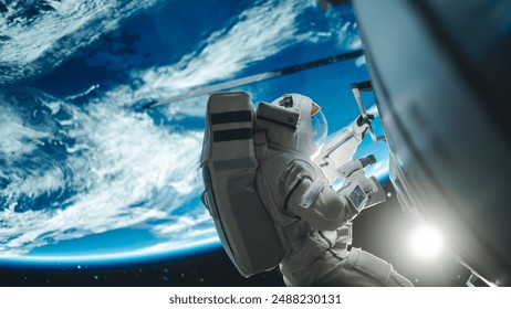 Space Engineer Servicing Panel on a Communication Satellite with an Automatic Screw Gun. Brave Astronaut Working in Outer Space with Beautiful Blue Planet Earth in the Background