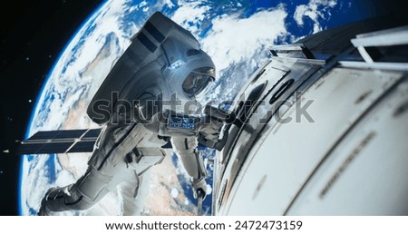 Space Engineer Servicing a Panel on a Communication Satellite with an Automatic Screw Gun. Brave Astronaut Working in Outer Space with Beautiful Blue Planet Earth in the Background