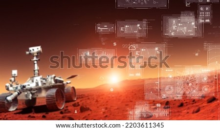 Space exploration concept. Exploration rover and scientific data on planetary surface. Wide angle visual for banners or  advertisements.