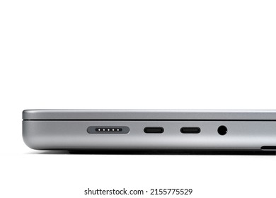 Space Grey Laptop Connector Ports, Thunderbolt 4, Headphone Jack, Side View Isolated on White Background