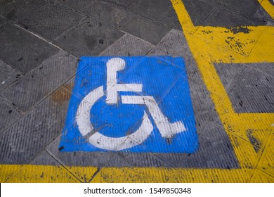 Space Handicapped Parking Spot In Open Parking In Siena, Italy On Oct. 27, 2019