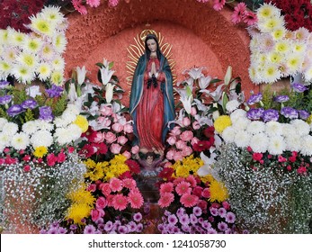 space with the image of the Virgin of Guadalupe surrounded by flowers of various colors