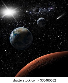 Space Landscape, View Of The Earth, Mars And Moon. Elements Of This Image Furnished By NASA