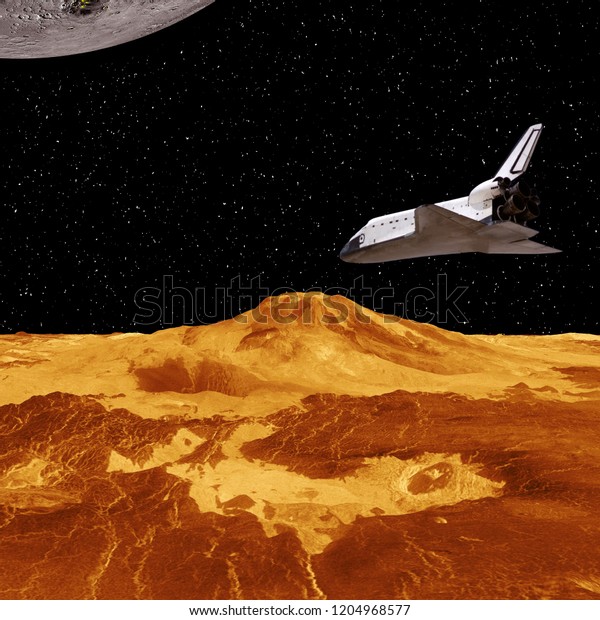 Space mission to the alien planet.  Shuttle flies\
above the planet landscape. The elements of this image furnished by\
NASA.\
