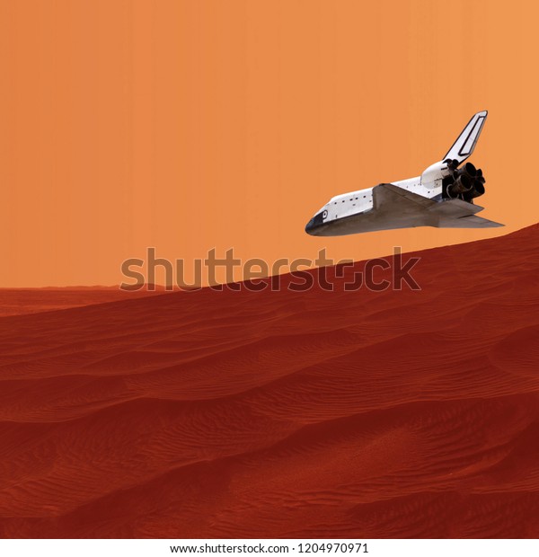 Space mission to the alien planet.  Shuttle flies\
above the planet landscape. The elements of this image furnished by\
NASA.\
