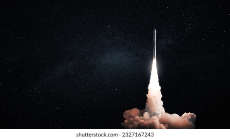 Space modern technology rocket with smoke and blast takes off to the night starry sky. Travel and space exploration, creative idea. Free space for text and design. Spaceship successful launch
