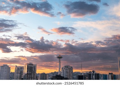 Space Needle in Dramatic Cloudy Sunset Seattle