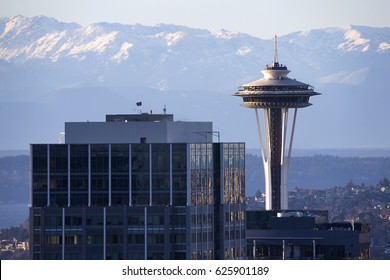 SPACE NEEDLE WITH OLYMPIC MOUNTAINS IN THE BACKDROP, SEATTLE, WA - January 20, 2017: Seattle landmark Space Needle on sunny day.