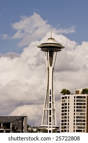 The Space Needle In Seattle On A Partly Cloudy Day