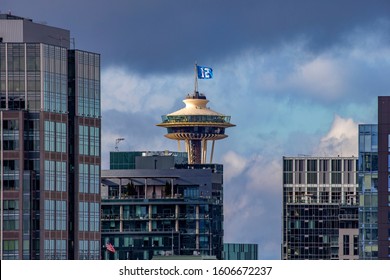 Space Needle, Seattle, WA - January 5, 2020: Seahawks' Number 12 Flag Flying At Seattle's Landmark