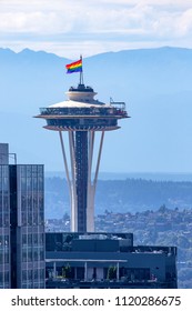 Space Needle, Seattle, WA - June 24, 2018:  Rainbow Pride Flag Is Flying Over Space Needle During Seattle Pride Week.  