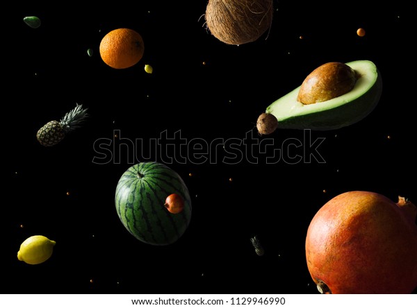 Space or\
planets universe cosmic abstract background. Abstract fruit\
background. Creative space. Summer food\
concept.
