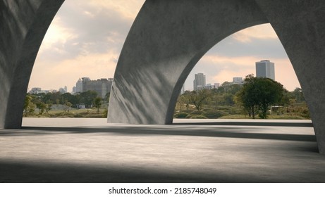 Space for products showcases in the concrete hallway with a park background.3d rendering. - Shutterstock ID 2185748049