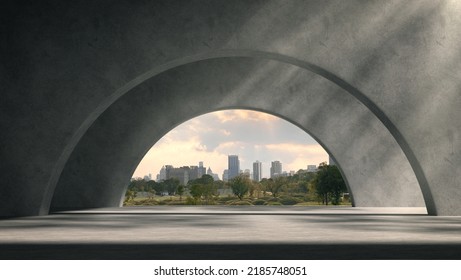 Space for products showcases in the concrete hallway with a park background.3d rendering. - Shutterstock ID 2185748051