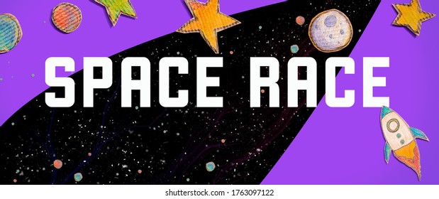 Space Race theme with space background with a rocket, moon, stars and planets